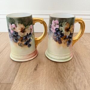 2 Pcs Antique 1920s W.G. & Co. Limoges France Tankard Mug Hand Painted Grapes 6”